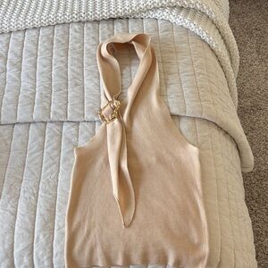 Chic Beige Sleeveless Blouse with Scarf Detail